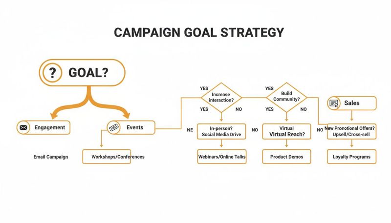 Flowchart illustrating a campaign goal strategy, outlining paths for engagement, events, and sales based on user interaction.