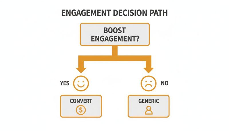 Flowchart illustrating an engagement decision path, leading to conversion or generic outcomes based on boosting engagement.