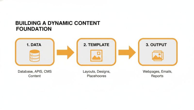Flowchart illustrating the dynamic content foundation process: data, template, and output stages.