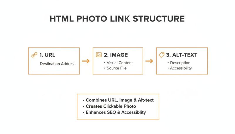 Flowchart illustrating the HTML photo link structure, detailing URL, image, and alt-text components for SEO and accessibility.