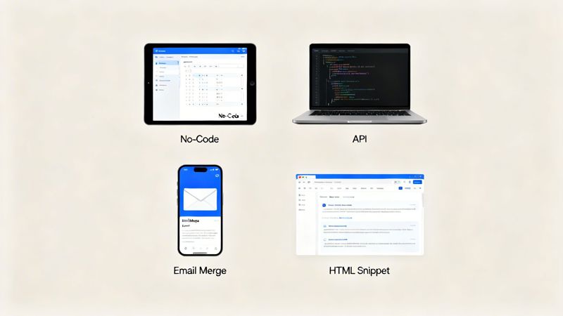 Four digital screens showcasing different solutions: No-Code, API, Email Merge, and HTML Snippet for versatile digital integration.