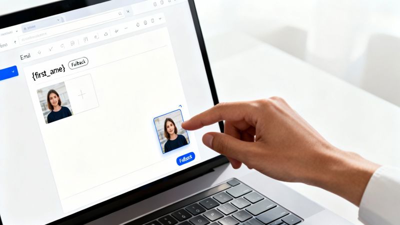 Hand dragging a personalized image of a woman into an email marketing editor on a laptop.