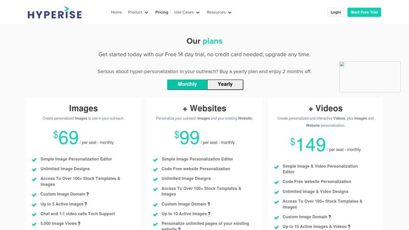 Hyperise pricing plans showing different tiers for image and video personalization
