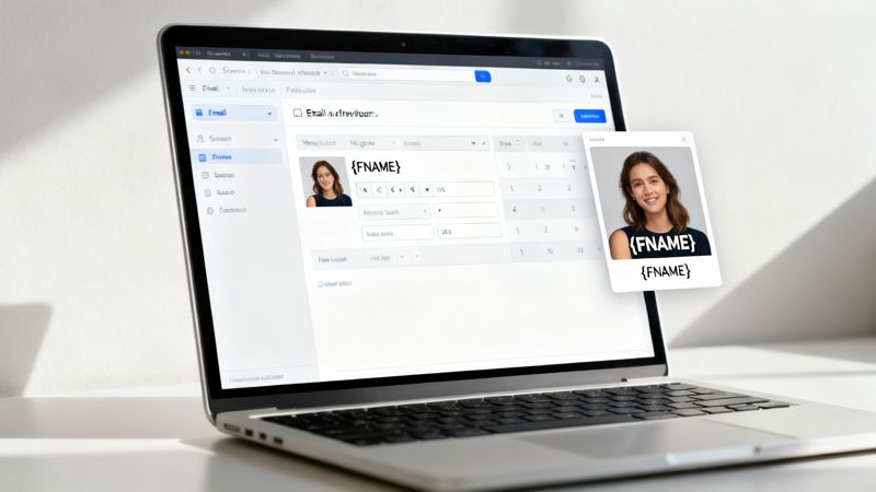 Illustration of a laptop showing an email with personalized images, connected to cloud data sources.