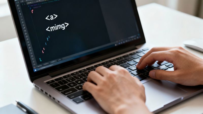 Illustration showing HTML code with an anchor tag wrapping an image tag.