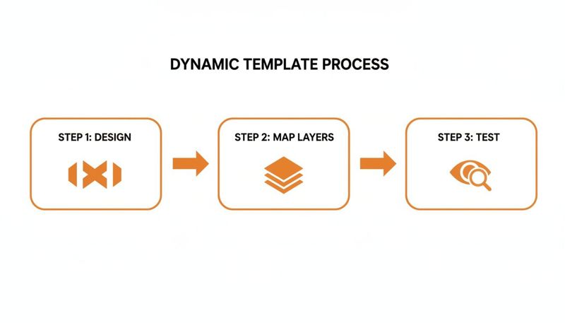 Illustration showing the dynamic template process with design, layer mapping, and testing steps.