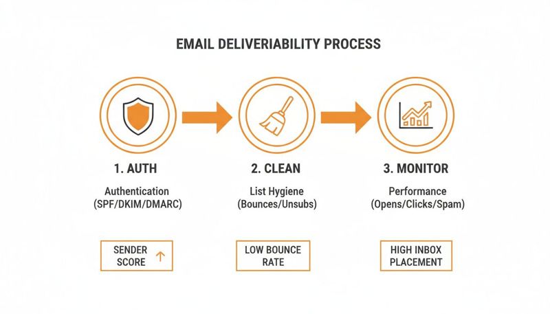 Infographic illustrating the three-step email deliverability process: authenticate, clean lists, and monitor performance for high inbox placement.