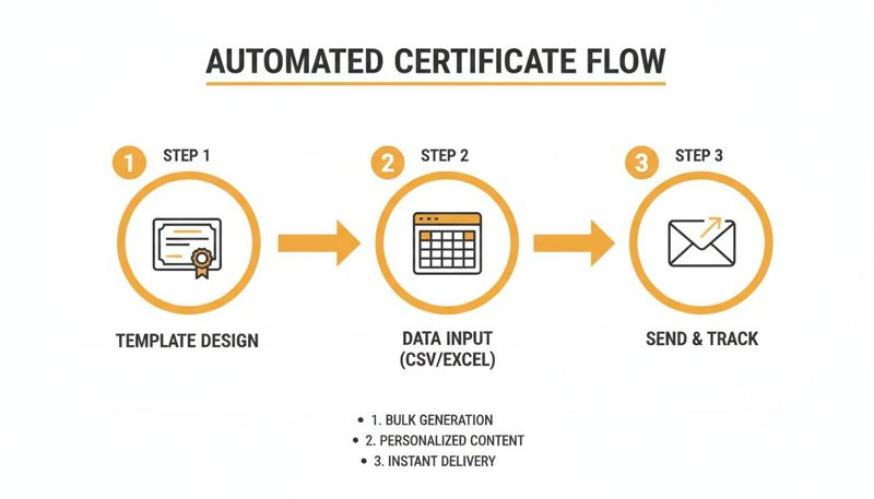 Infographic showing a 3-step automated certificate flow: template design, data input, and send/track.