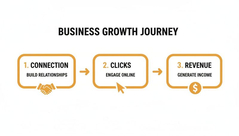 Infographic showing a three-step business growth journey: Connection, Clicks, and Revenue, with icons.