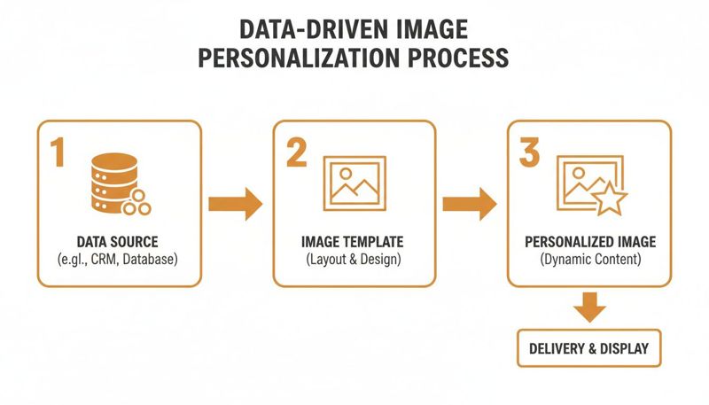 Infographic showing the data-driven process for personalizing images from data sources to final delivery.