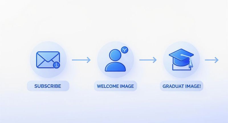 Infographic showing the process flow of automated images from user subscription to receiving a personalized welcome image and finally a graduation certificate.