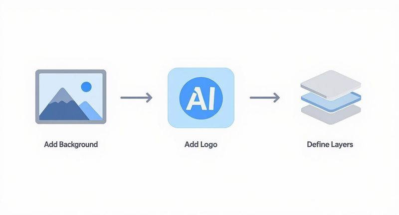 Infographic showing the template design process from adding a background, to adding a logo, to defining the dynamic layers.