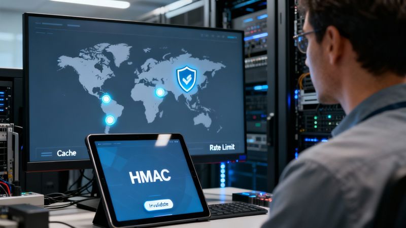 IT professional monitors network security, cache, and rate limits in a data center.