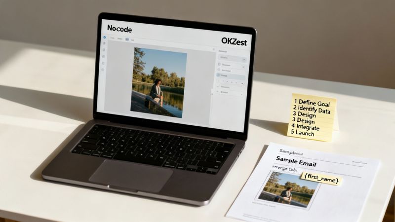 Laptop displaying a nocode platform for building dynamic content, alongside a workflow sticky note and sample email.