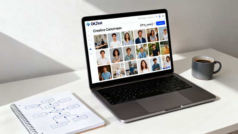 Laptop displaying a platform with various user profiles, a coffee mug, and a flowchart notebook on a desk.