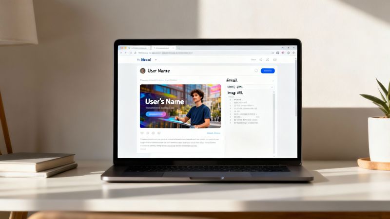 Laptop displaying a profile page builder interface with user information and email customization options on desk