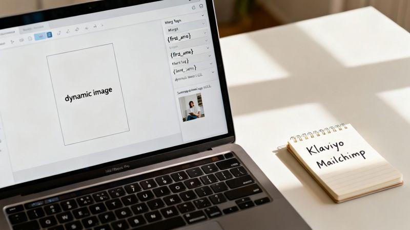 Laptop displaying an email graphic design interface with a 'dynamic image' placeholder and merge tags, next to a 'Klaviyo Mailchimp' notebook.