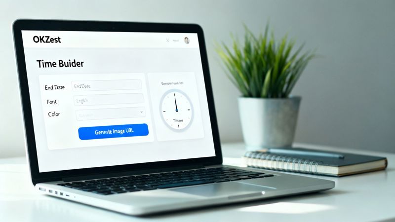 Laptop displaying an online countdown timer builder interface with input fields and a clock icon.