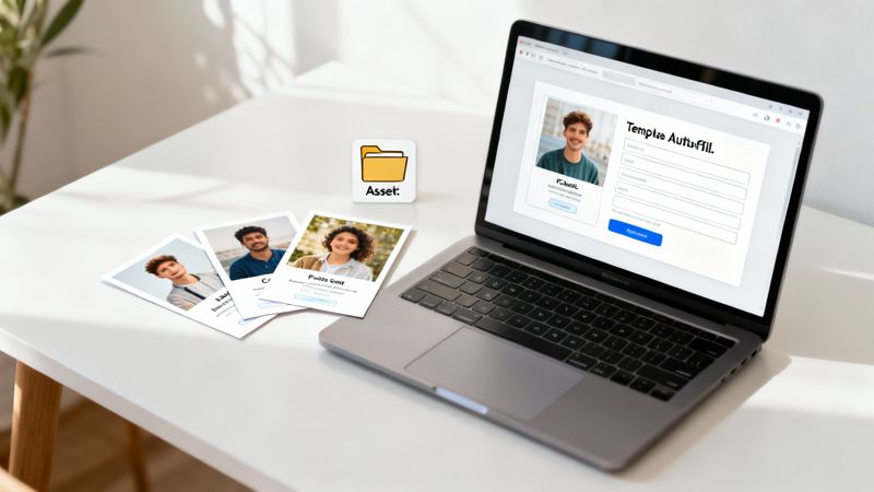 Laptop displaying template autofill interface with business cards and folder icon on white desk
