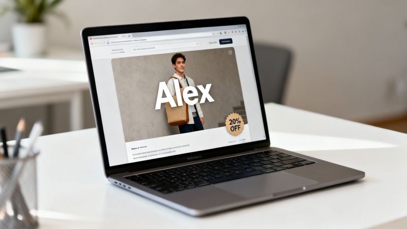 Laptop on a white desk featuring an e-commerce website with a model and a discount promotion.