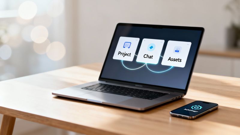 Laptop screen shows a digital workflow management system with project, chat, and assets modules. A smartphone is nearby.