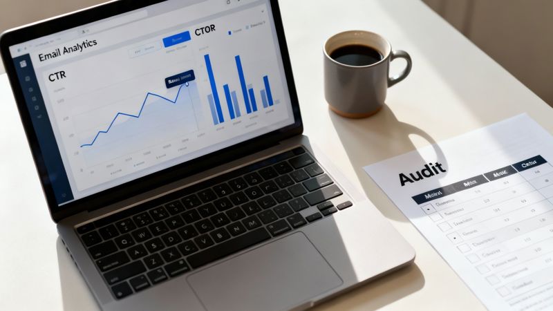 Laptop showing email analytics with CTR and CTOR graphs, alongside a coffee cup and audit report.