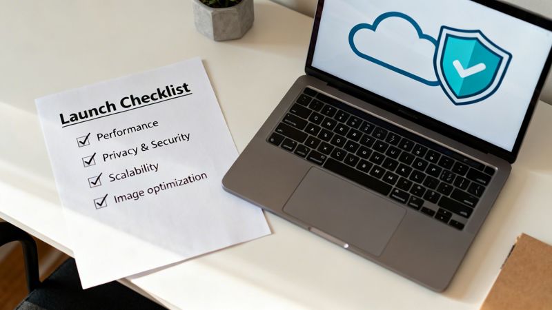 Launch Checklist with items like performance and security checked, next to a laptop displaying a cloud and security shield.