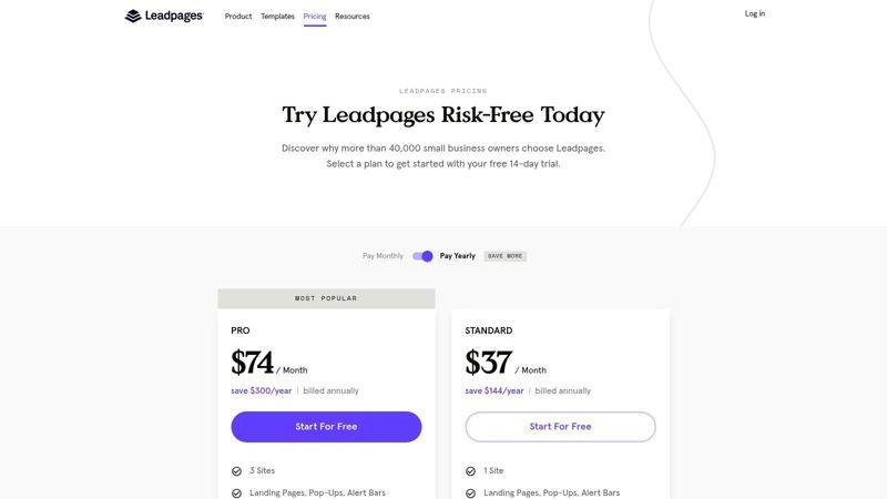 Leadpages platform showing the landing page builder interface