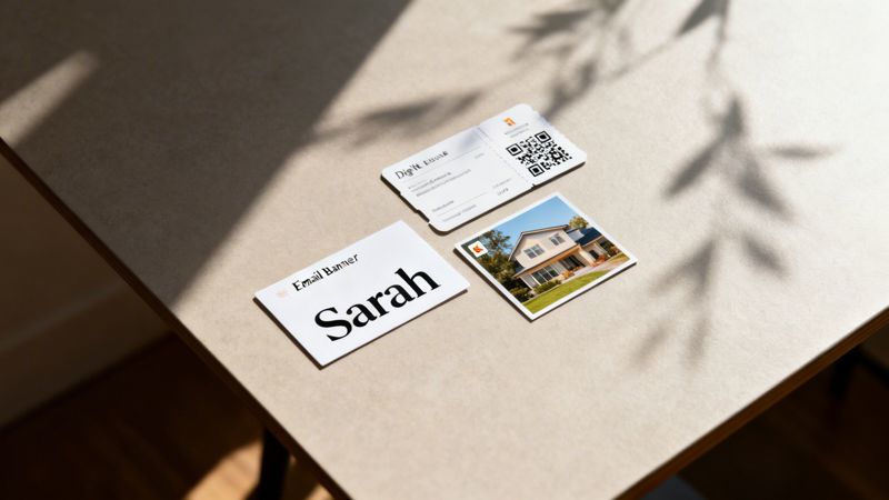 Marketing materials on a desk: an email banner with 'Sarah', a digital pass, and a photo of a modern house.