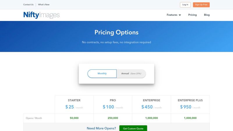 NiftyImages pricing tiers based on image opens and features
