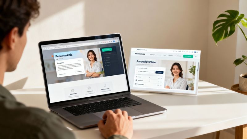 People collaborating on a digital marketing campaign on a screen showing personalized images.