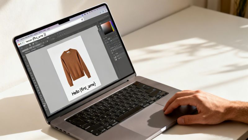 Person editing a personalized marketing image on a laptop, showing a brown sweater and dynamic text.