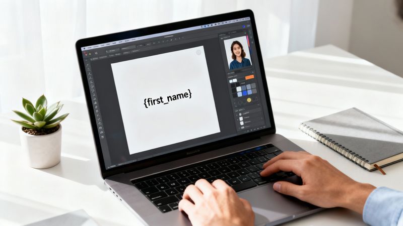 Person using a MacBook laptop to design an email template with a placeholder for a first name.