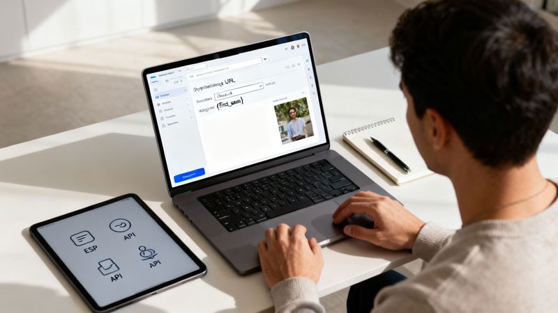 Person working on a laptop displaying a software interface for image and content management, with a tablet nearby.