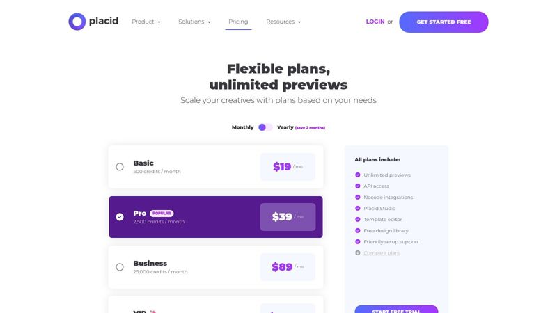 Placid pricing plans showing different tiers based on credits