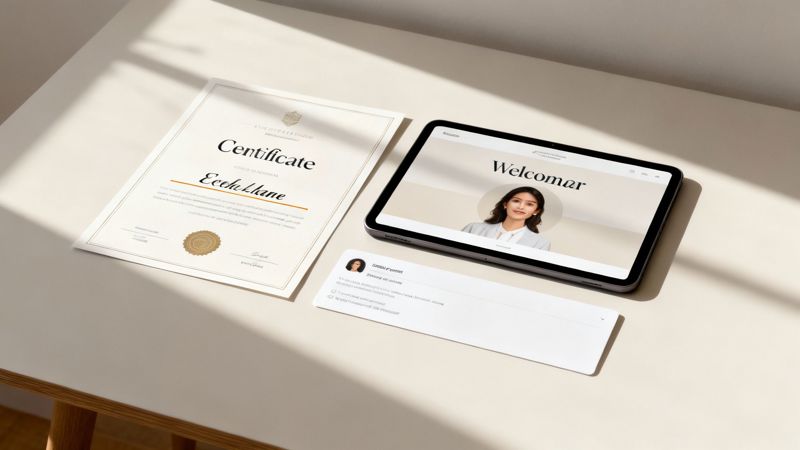 Professional certificate, tablet displaying welcome page, and business card arranged on white desk