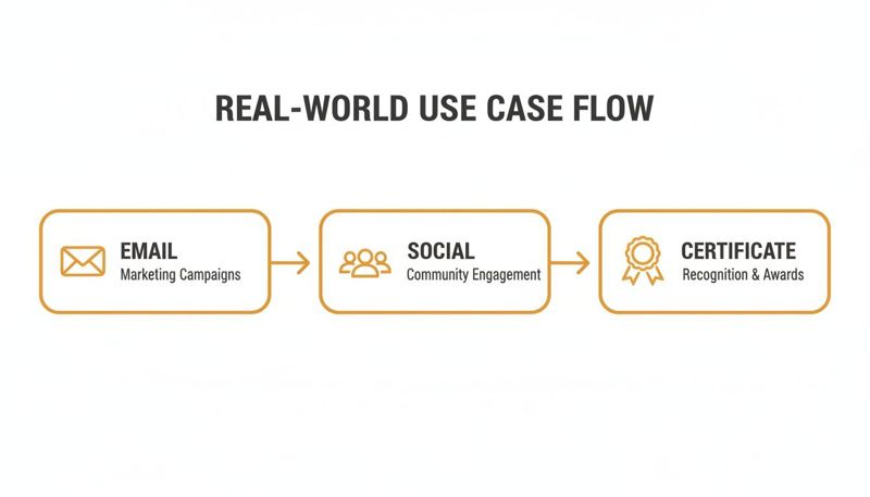 Real-world use case flow diagram showing email marketing, social engagement, and certificate recognition steps.
