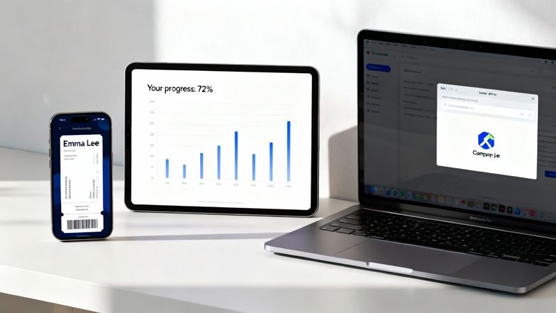 Smartphone, tablet, and laptop displaying personalized content, progress charts, and a SaaS application.