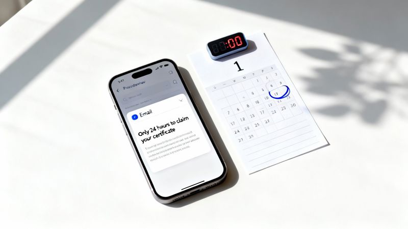 Smartphone with an email notification about a 24-hour certificate claim, next to a calendar and digital clock.