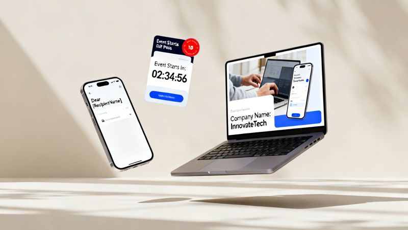 Technology display showing real-time event countdown, personalized mobile messages, and a laptop interface.