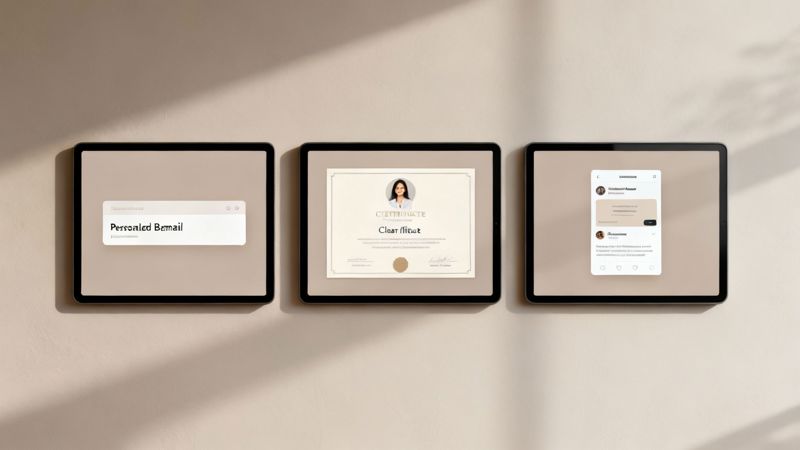 Three black tablets mounted on a beige wall, displaying an email interface, a certificate, and a social media feed.