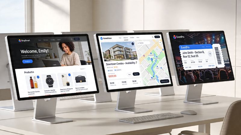 Three computer monitors on a desk displaying different website interfaces including shopping, real estate, and event ticketing.