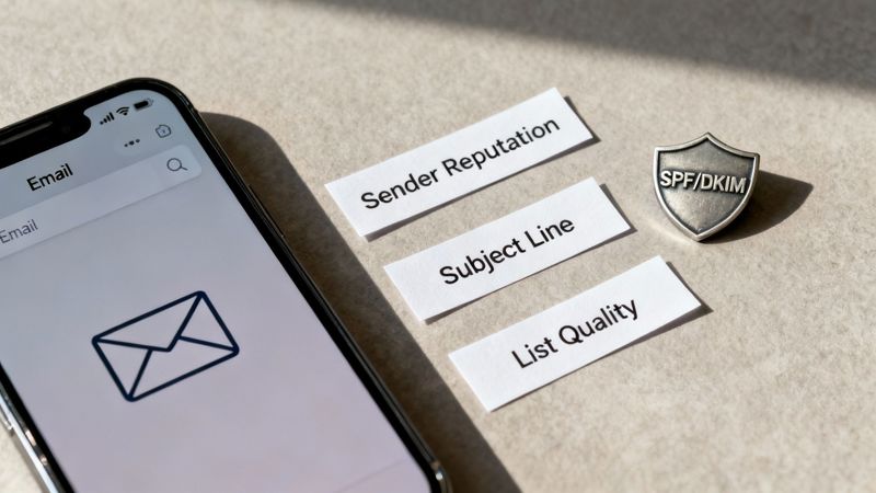 Three diverse people collaborating on a laptop in a bright, modern office, illustrating teamwork in email marketing.
