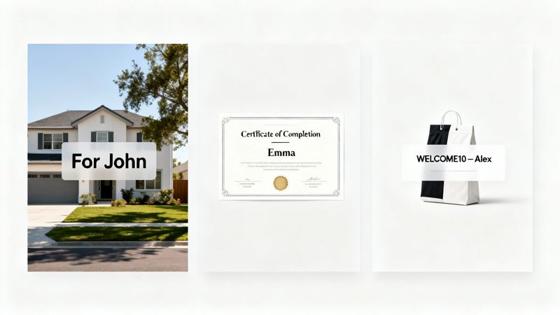 Three examples of personalized graphics in email campaigns, showing a house, certificate, and shopping bag.