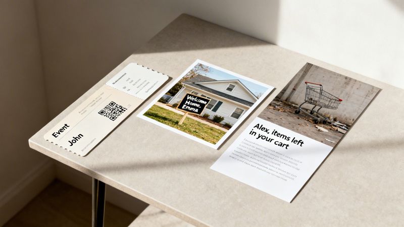 Three examples of personalized marketing materials on a table: an event ticket, a welcome home postcard, and an abandoned cart flyer.