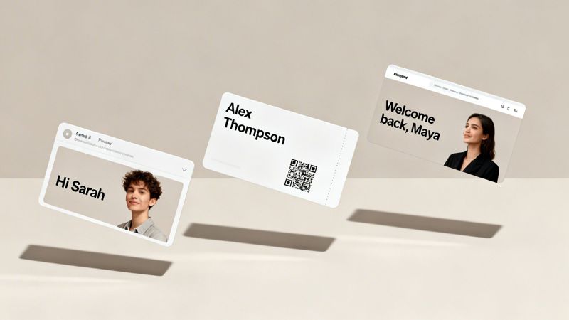 Three floating digital cards showing personalized content: a greeting to Sarah, a pass for Alex Thompson with a QR code, and a welcome back message for Maya.