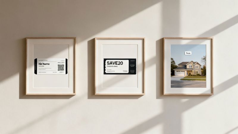 Three framed artworks on a beige wall, featuring two tickets and a suburban house image.