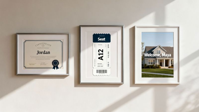 Three framed pictures on a wall, showcasing personalized content like a certificate, a seat ticket, and a welcome message.