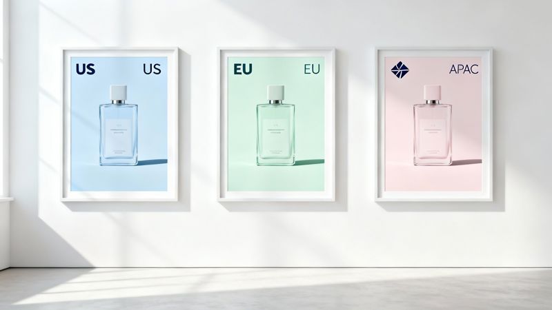 Three framed posters on a white wall, each showing a perfume bottle and regional labels (US, EU, APAC).
