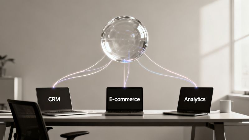 Three laptops labeled CRM, E-commerce, and Analytics connected to a central data sphere.